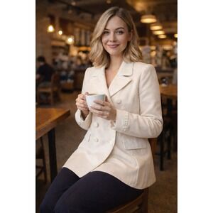 Moda International Ivory Wool Blend Double Breasted Coat Rhinestone Cuff Size 8